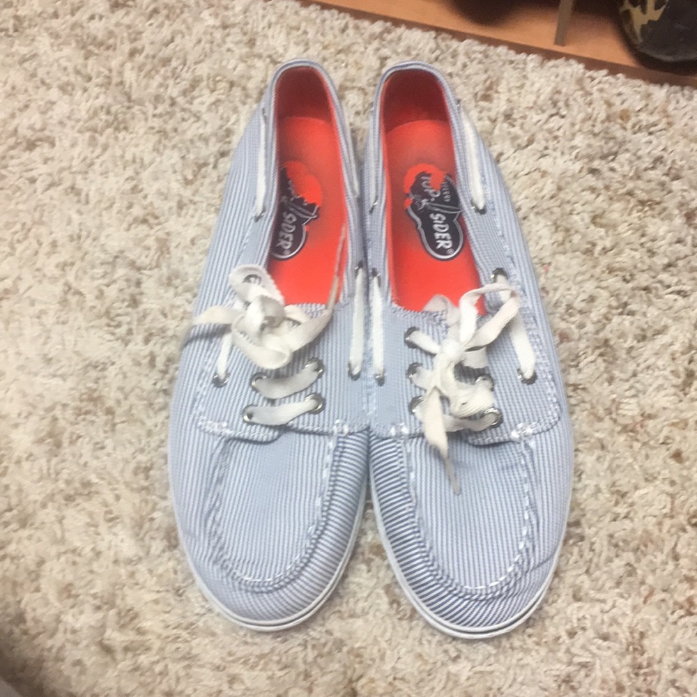 Blue and white sperrys